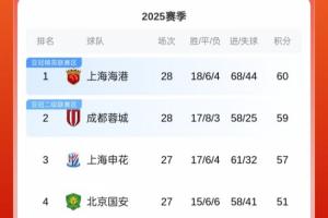還剩最后2輪！中超積分榜：蓉城絕平仍居第2，海港1分優(yōu)勢(shì)領(lǐng)跑