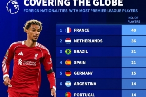 英超各國外援?dāng)?shù)：法國40人、荷蘭36人、巴西31人、西班牙21人