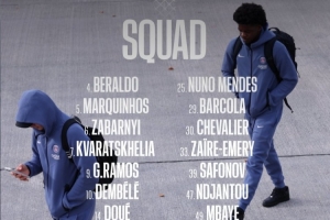 巴黎客戰(zhàn)洛里昂大名單：登貝萊領銜鋒線，馬爾基尼奧斯坐鎮(zhèn)后防