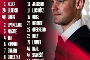 拜仁公布歐冠對巴黎名單：凱恩領(lǐng)銜，迪亞斯、奧利塞在列