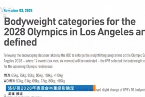 洛杉磯奧運(yùn)會(huì)舉重級別確定，男、女各6個(gè)小項(xiàng)，產(chǎn)生12枚金牌