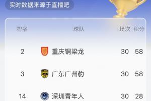 中甲實時積分榜：按目前比分銅梁龍將升超，廣州豹第3，平果降級