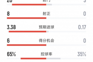 切爾西3-0狼隊全場數(shù)據(jù)：射門20-3，射正8-0，得分機會6-0