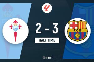 半場(chǎng)-巴薩3-2塞爾塔 萊萬雙響亞馬爾破門拉什福德助攻+失單刀