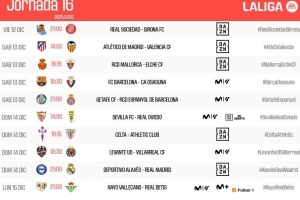 西甲第16輪時(shí)間：巴薩12月14日01:30對(duì)陣奧薩蘇納，皇馬15日出戰(zhàn)