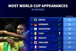 各國(guó)參加世界杯次數(shù)：巴西23次最多，德國(guó)21次、阿根廷19次前三