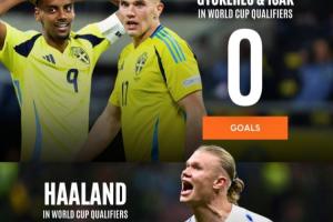 檔次差距？哈蘭德8場(chǎng)16球頭名進(jìn)世界杯，瑞典2.7億鋒線4場(chǎng)1球墊底