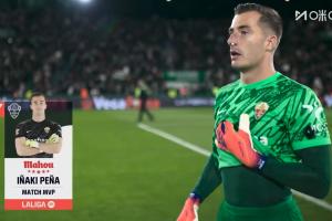 完成5次撲救！官方：埃爾切門將佩尼亞當(dāng)選全場最佳球員