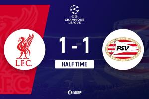 半場-利物浦暫1-1埃因霍溫 范戴克手球送點佩里西奇點射索博扳平