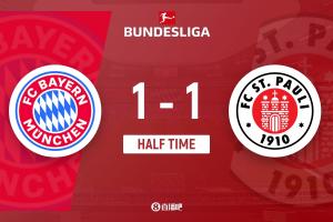 半場(chǎng)-拜仁暫1-1圣保利 格雷羅扳平迪亞斯倒地助攻卡爾比朔夫中柱