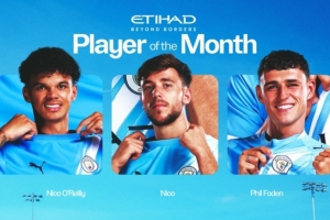 曼城11月隊內(nèi)最佳候選：奧賴利、尼科·岡薩雷斯、福登