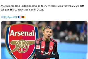 記者：阿森納有意夏窗引進邊鋒巴霍亞，法蘭克福要價7000萬歐