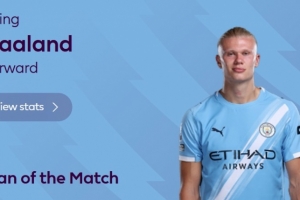 解鎖英超百球+造3球！英超官方：哈蘭德當(dāng)選富勒姆vs曼城全場MVP