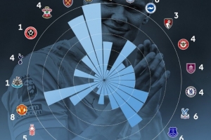 英超官方曬哈蘭德百球分布：對(duì)狼隊(duì)10球最多，曼聯(lián)8球、槍手5球