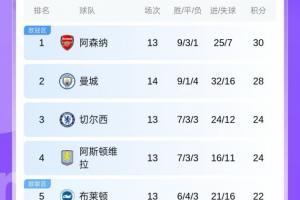 英超積分榜：曼城先賽距阿森納2分！熱刺暫居第11紐卡第13
